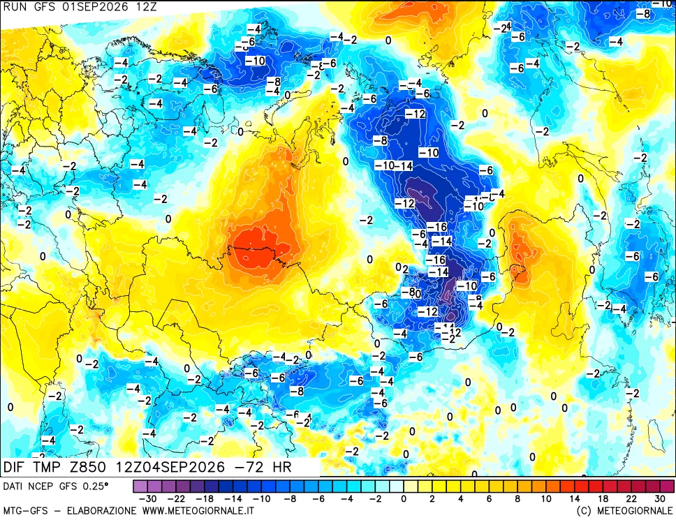 mappa Dif. Temp a 850 hPa Valid - Init