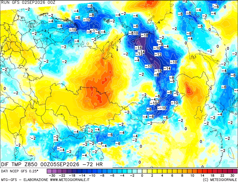 mappa Dif. Temp a 850 hPa Valid - Init