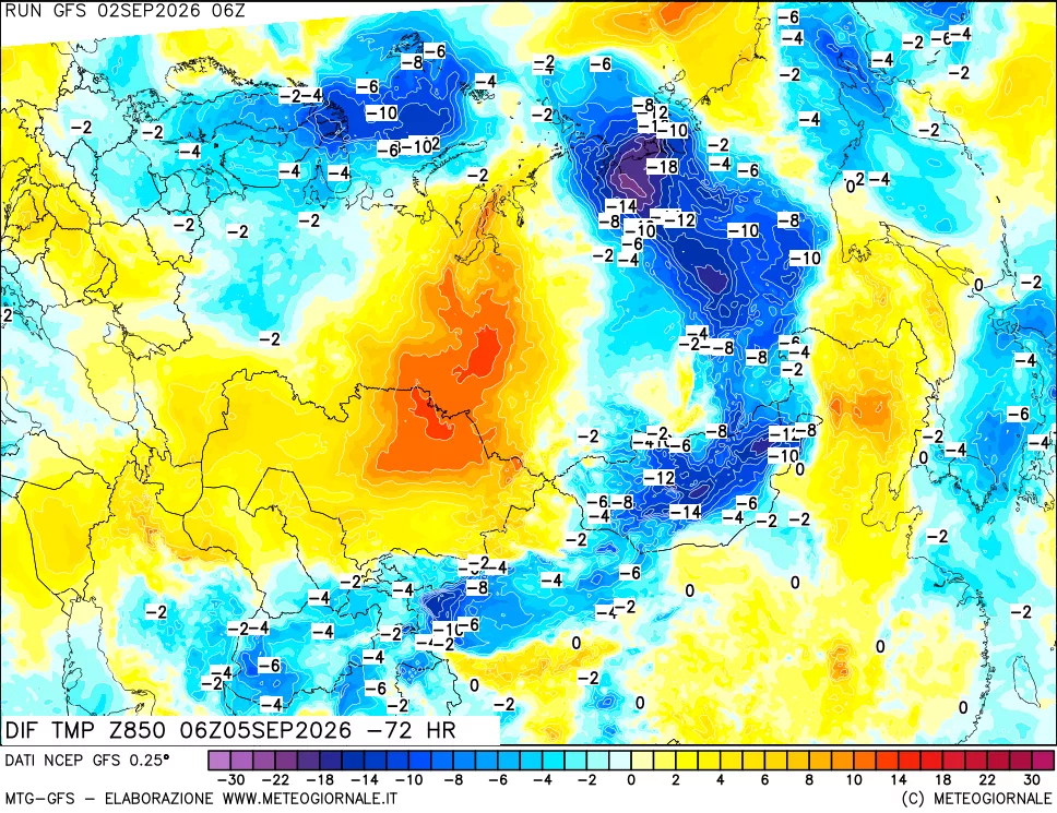 mappa Dif. Temp a 850 hPa Valid - Init