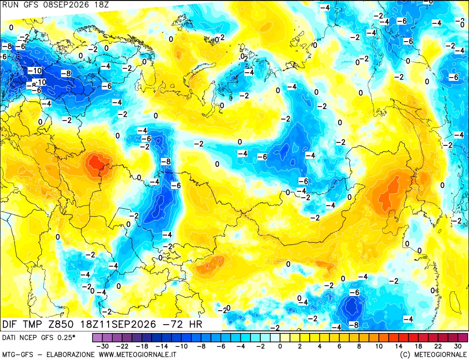 mappa Dif. Temp a 850 hPa Valid - Init