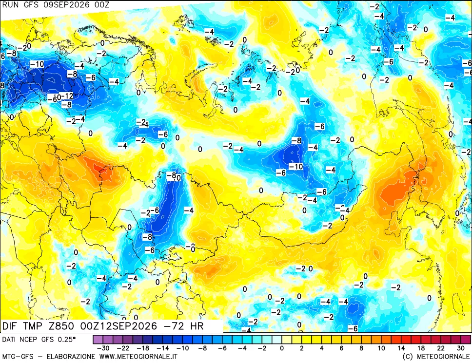 mappa Dif. Temp a 850 hPa Valid - Init