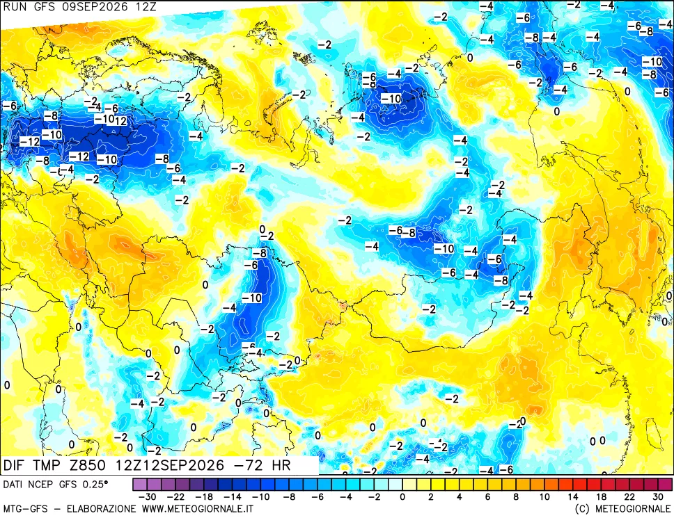 mappa Dif. Temp a 850 hPa Valid - Init