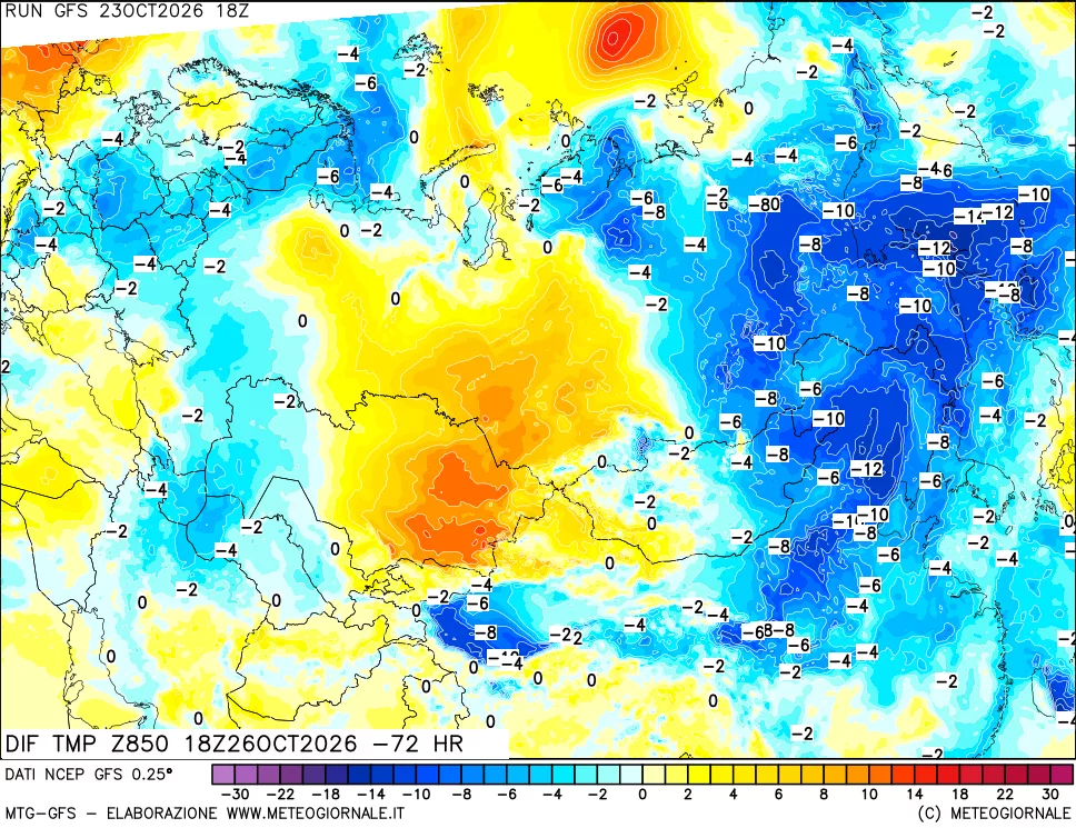 mappa Dif. Temp a 850 hPa Valid - Init