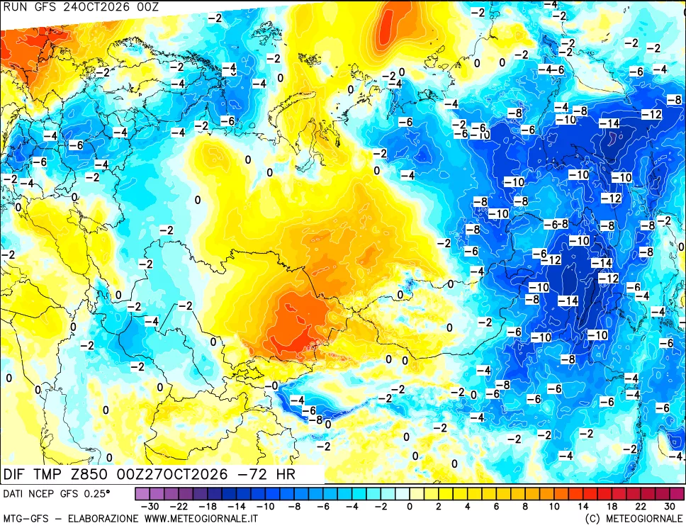 mappa Dif. Temp a 850 hPa Valid - Init