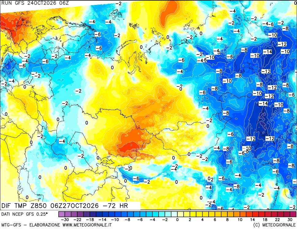 mappa Dif. Temp a 850 hPa Valid - Init