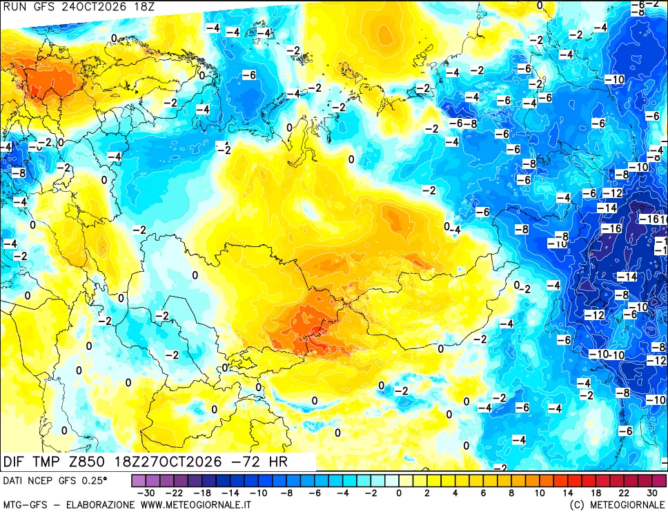 mappa Dif. Temp a 850 hPa Valid - Init