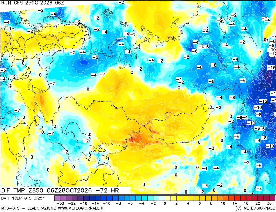 mappa Dif. Temp a 850 hPa Valid - Init