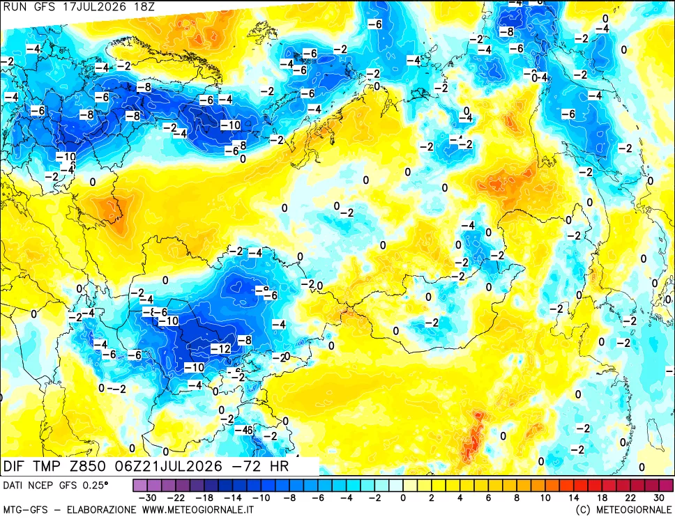 mappa Dif. Temp a 850 hPa Valid - Init