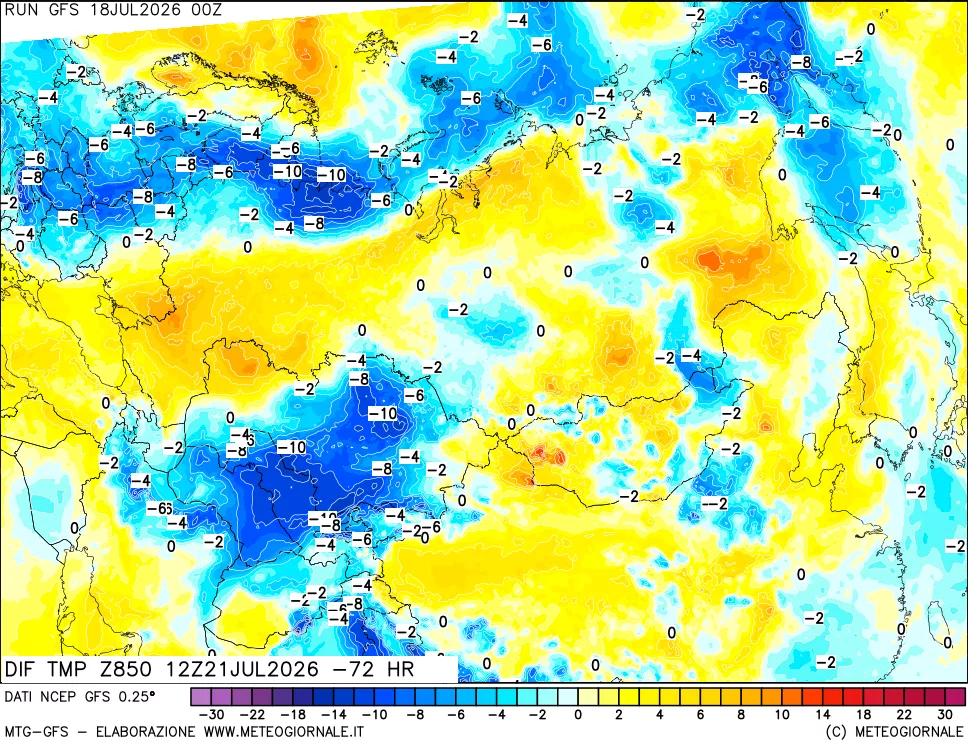 mappa Dif. Temp a 850 hPa Valid - Init