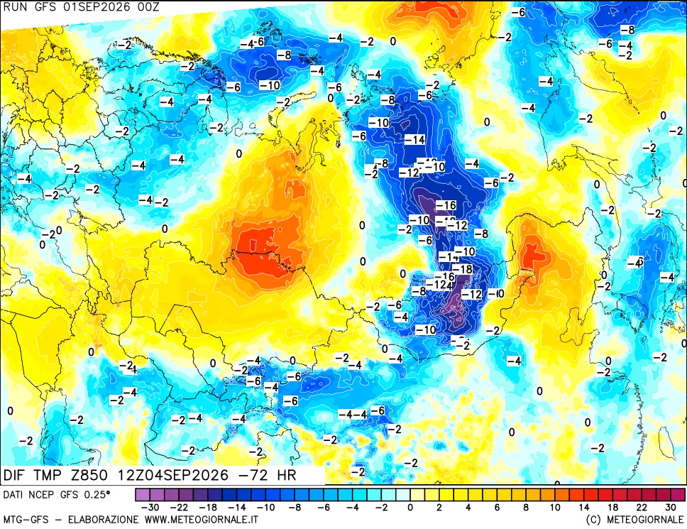 mappa Dif. Temp a 850 hPa Valid - Init