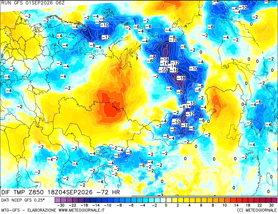 mappa Dif. Temp a 850 hPa Valid - Init