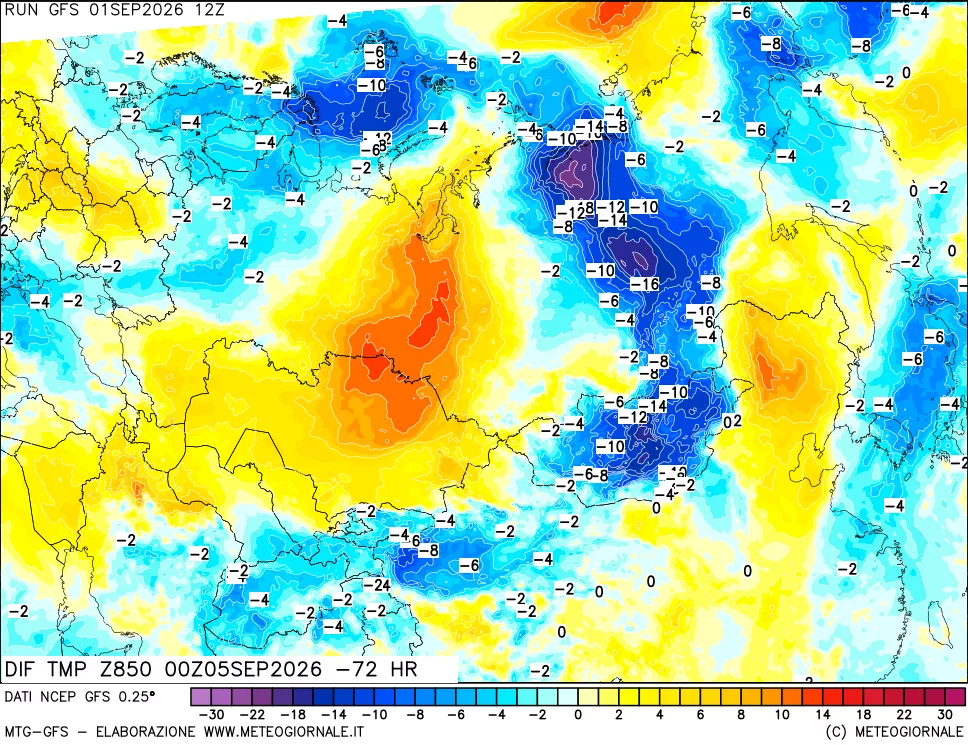 mappa Dif. Temp a 850 hPa Valid - Init