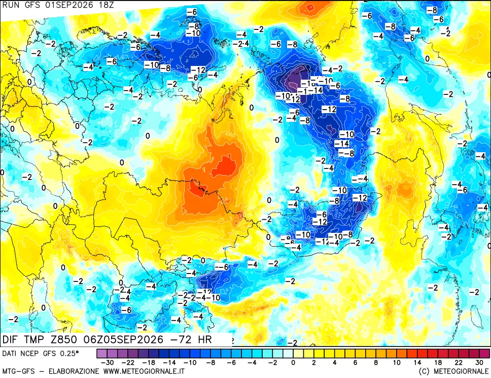 mappa Dif. Temp a 850 hPa Valid - Init