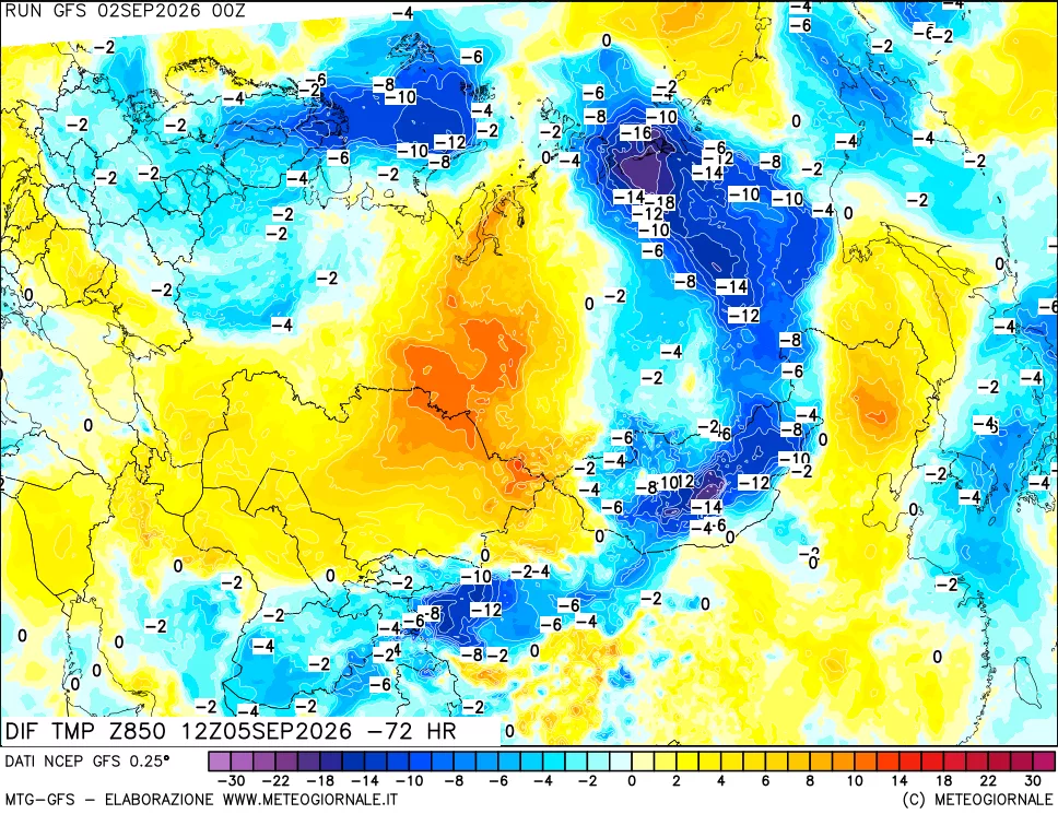 mappa Dif. Temp a 850 hPa Valid - Init
