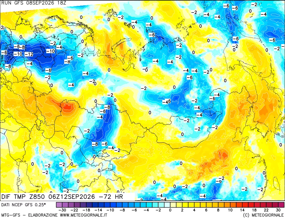 mappa Dif. Temp a 850 hPa Valid - Init