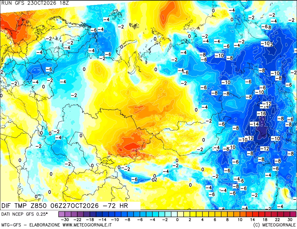 mappa Dif. Temp a 850 hPa Valid - Init