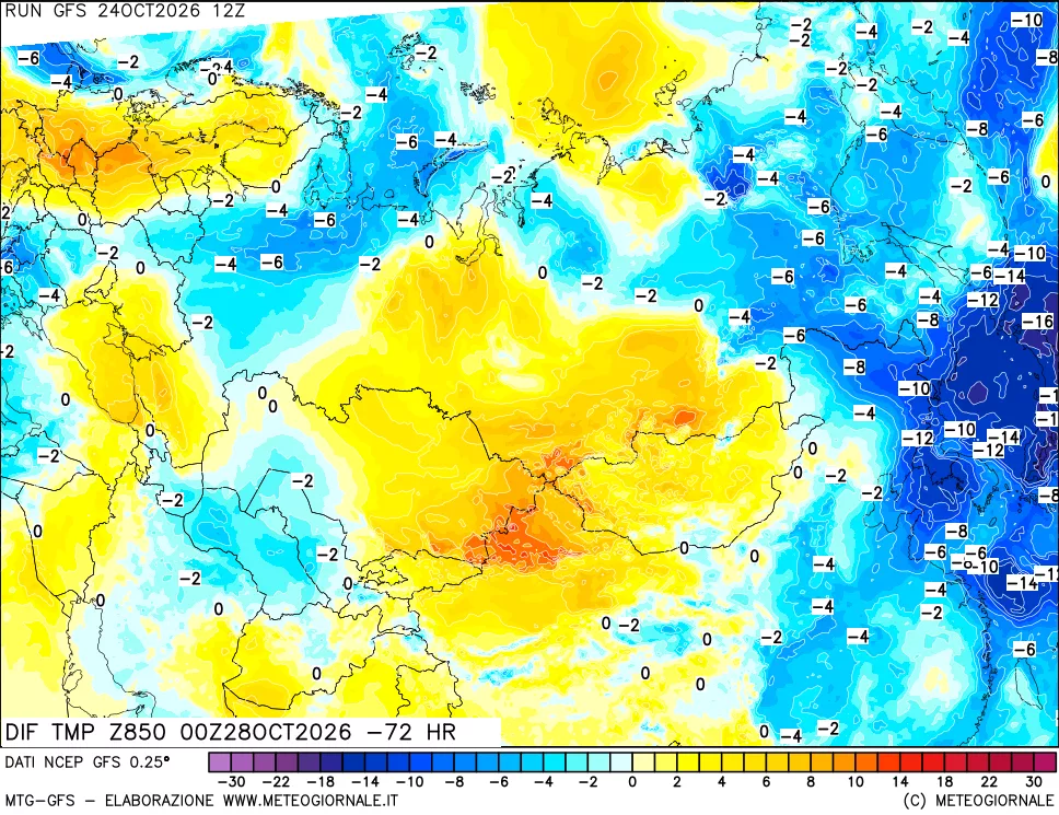 mappa Dif. Temp a 850 hPa Valid - Init