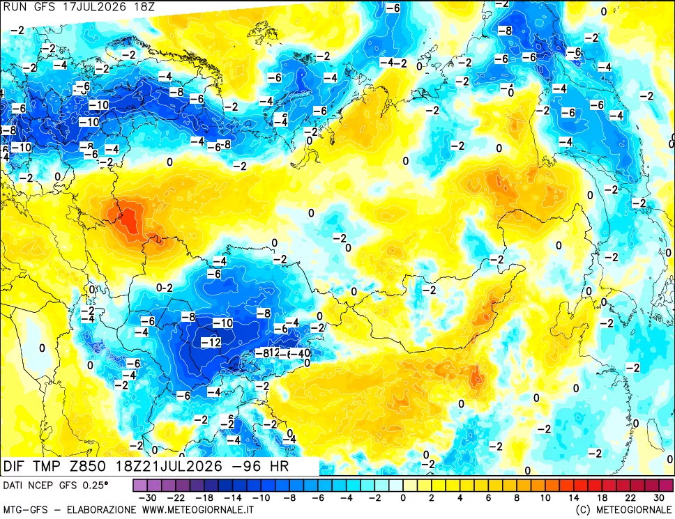 mappa Dif. Temp a 850 hPa Valid - Init