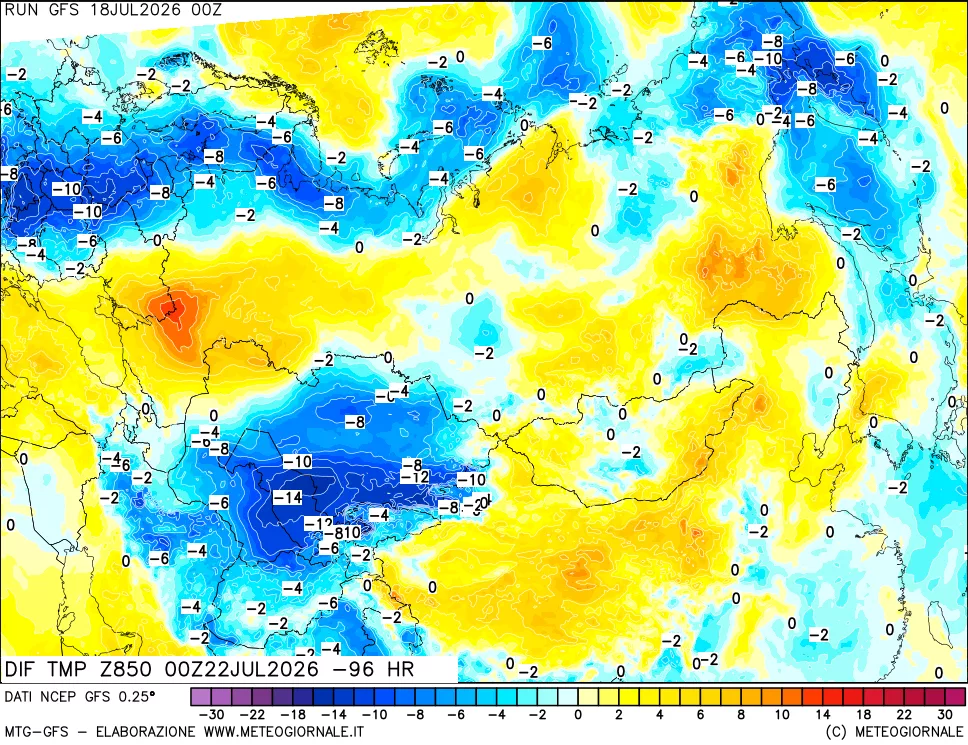mappa Dif. Temp a 850 hPa Valid - Init