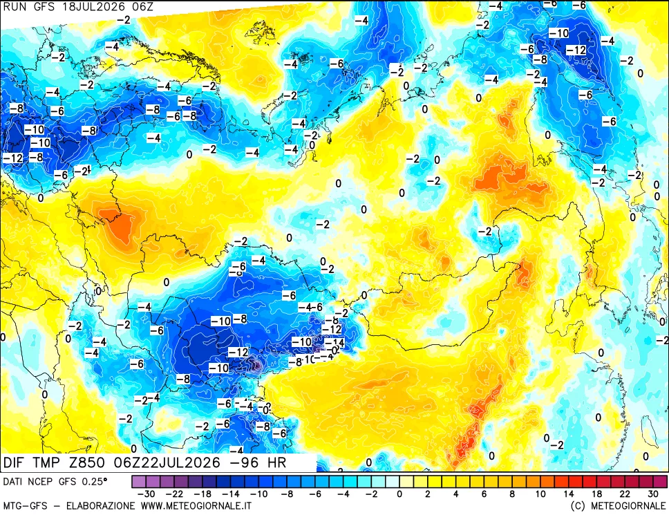 mappa Dif. Temp a 850 hPa Valid - Init