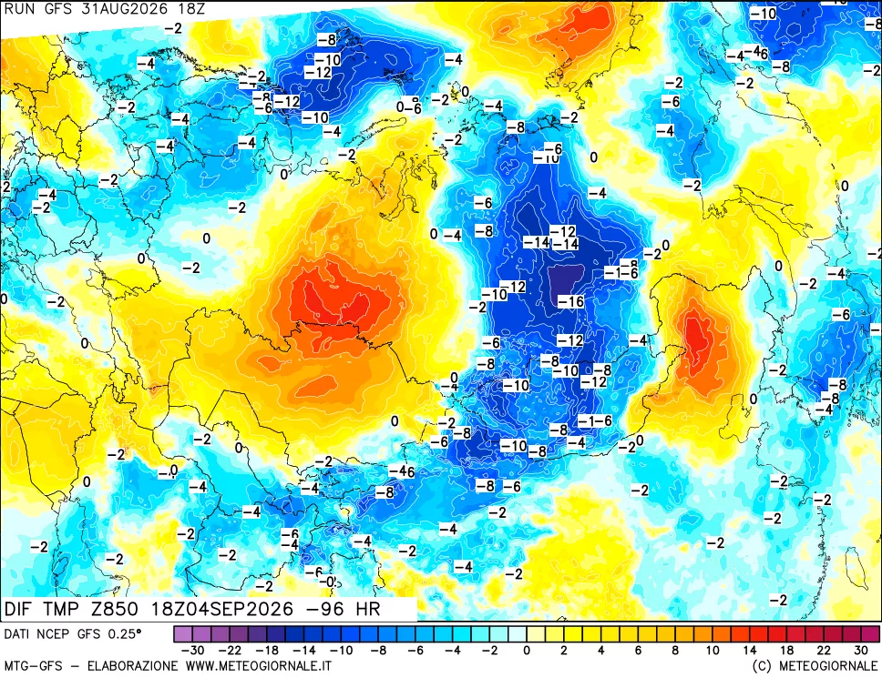 mappa Dif. Temp a 850 hPa Valid - Init