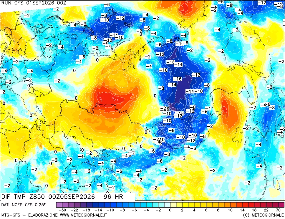 mappa Dif. Temp a 850 hPa Valid - Init