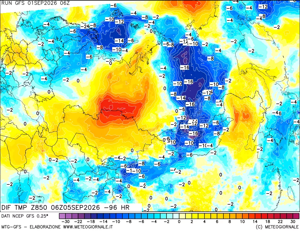 mappa Dif. Temp a 850 hPa Valid - Init