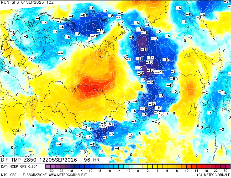 mappa Dif. Temp a 850 hPa Valid - Init