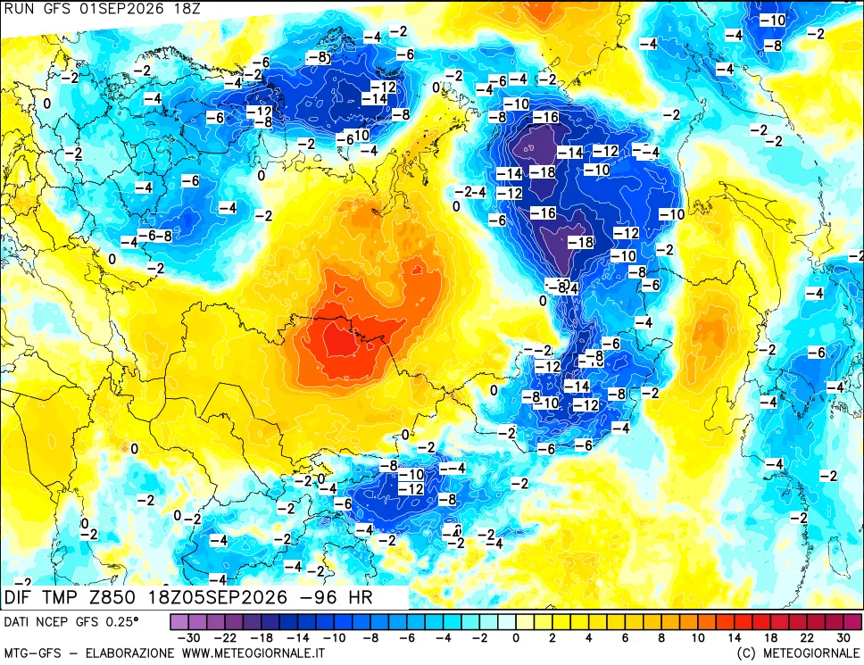 mappa Dif. Temp a 850 hPa Valid - Init