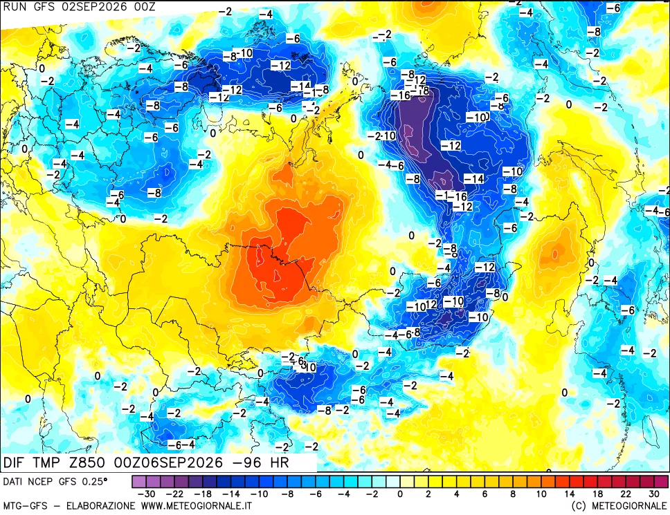 mappa Dif. Temp a 850 hPa Valid - Init
