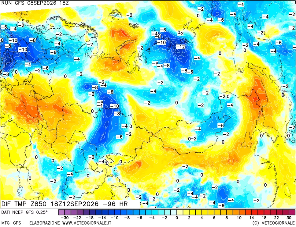 mappa Dif. Temp a 850 hPa Valid - Init