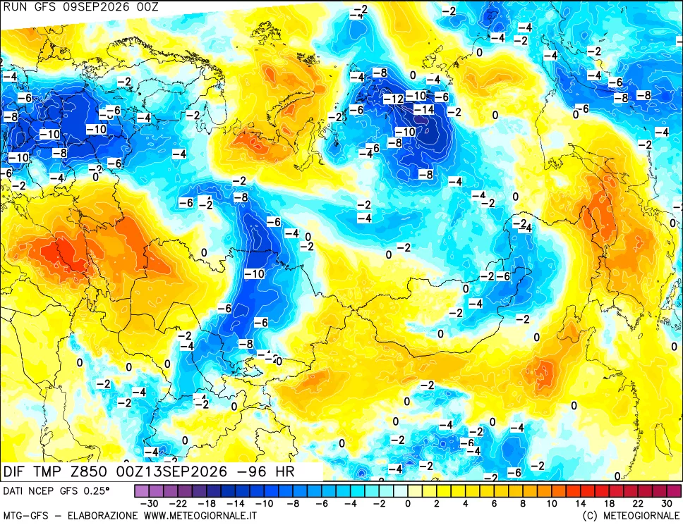 mappa Dif. Temp a 850 hPa Valid - Init