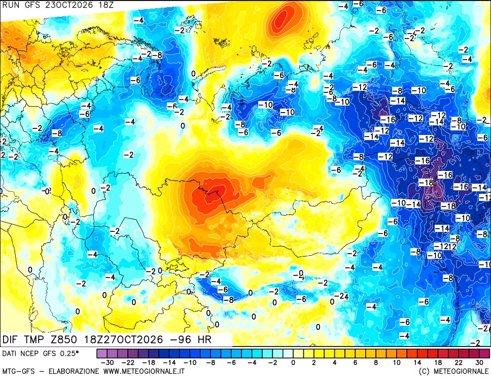 mappa Dif. Temp a 850 hPa Valid - Init