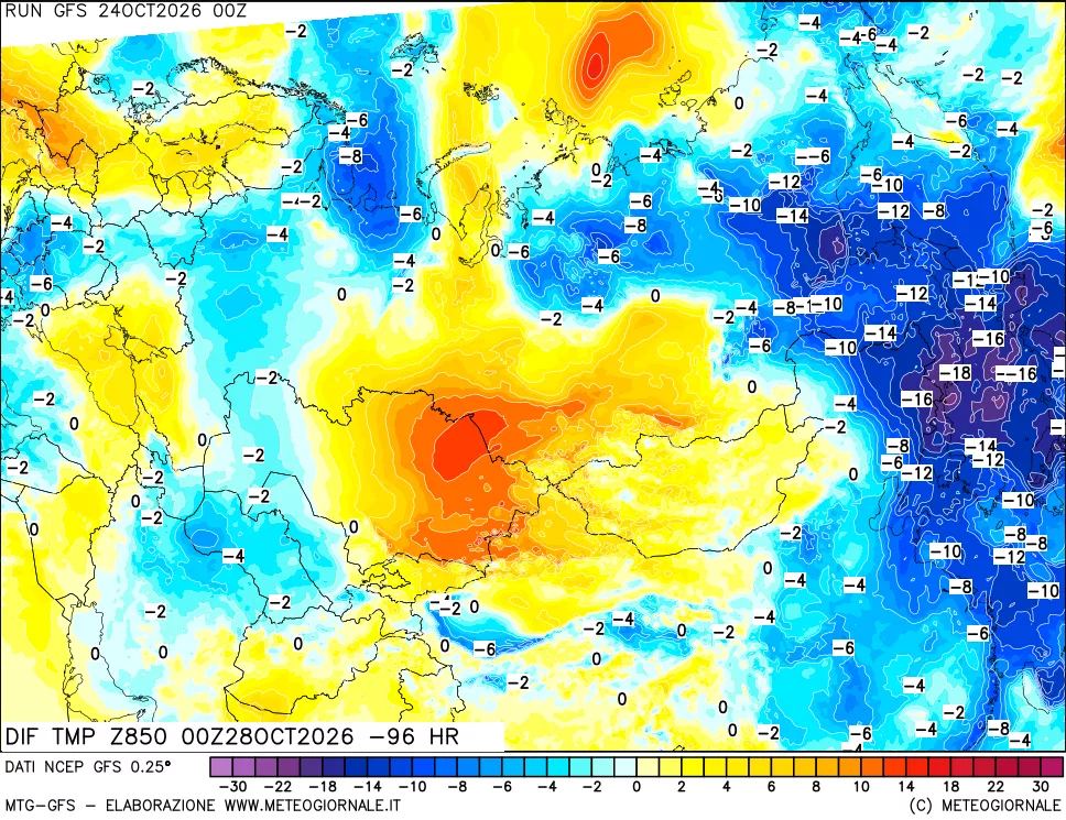 mappa Dif. Temp a 850 hPa Valid - Init