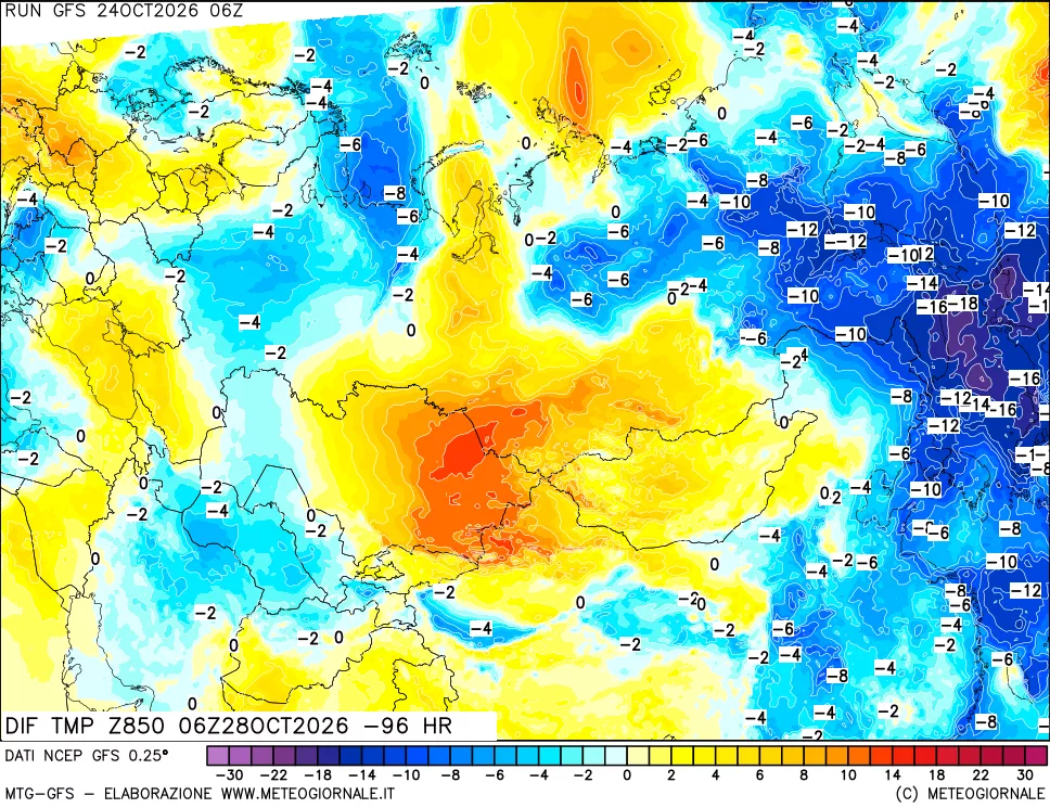 mappa Dif. Temp a 850 hPa Valid - Init