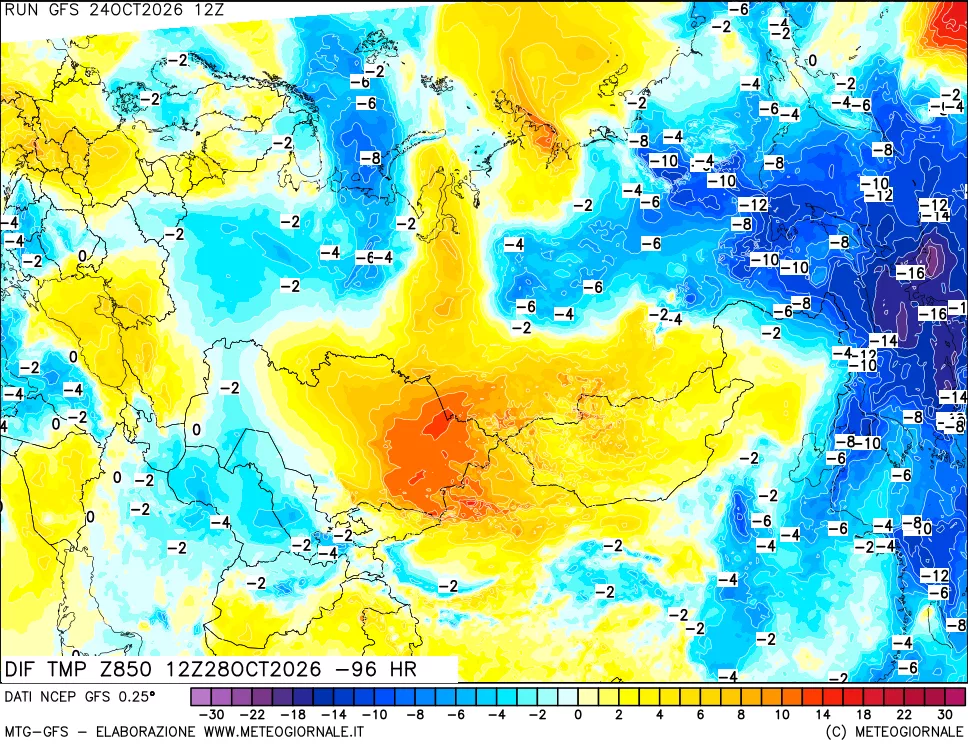 mappa Dif. Temp a 850 hPa Valid - Init