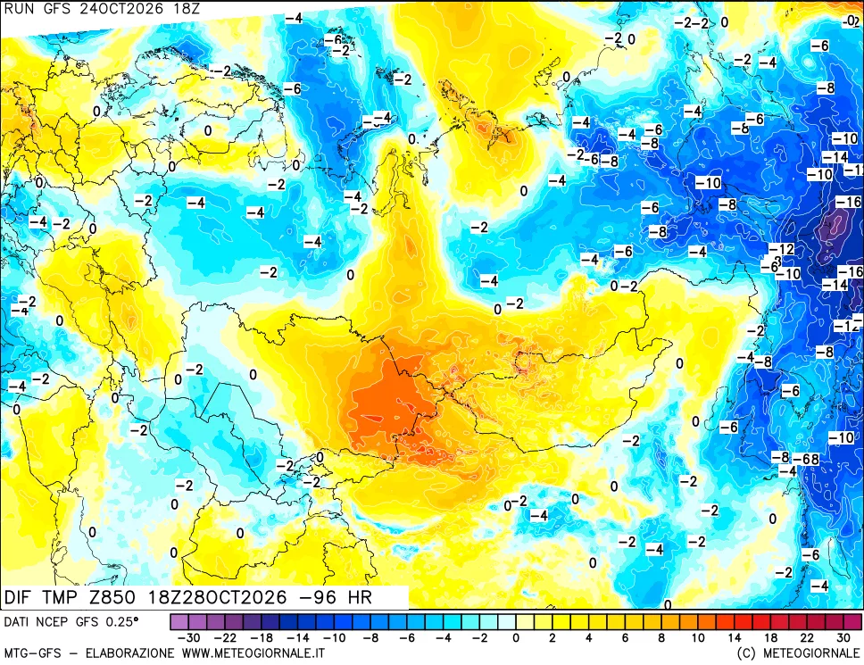 mappa Dif. Temp a 850 hPa Valid - Init