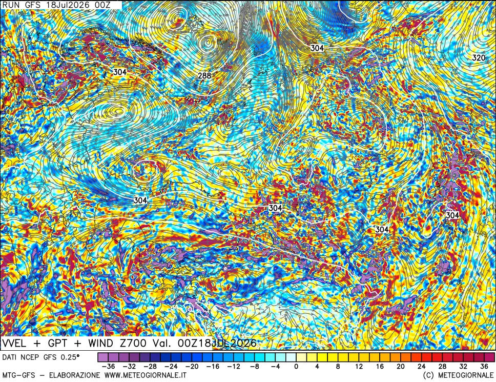mappa 700 hPa Velocità verticiali + GPT + Vento