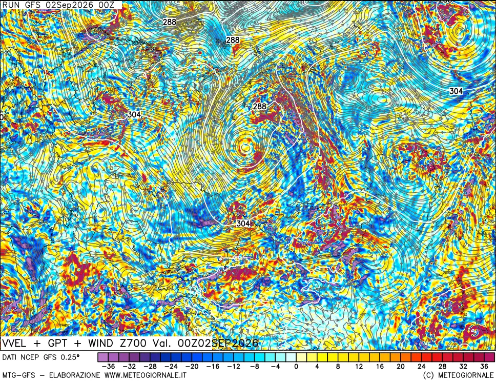 mappa 700 hPa Velocità verticiali + GPT + Vento