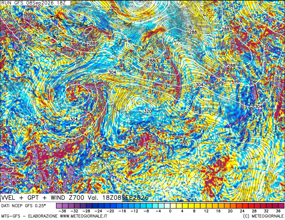 mappa 700 hPa Velocità verticiali + GPT + Vento