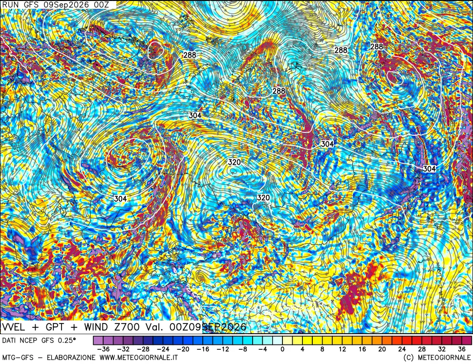 mappa 700 hPa Velocità verticiali + GPT + Vento