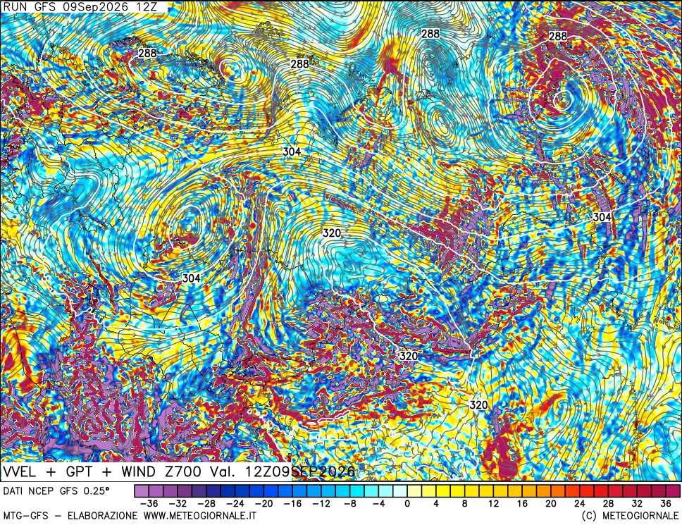 mappa 700 hPa Velocità verticiali + GPT + Vento