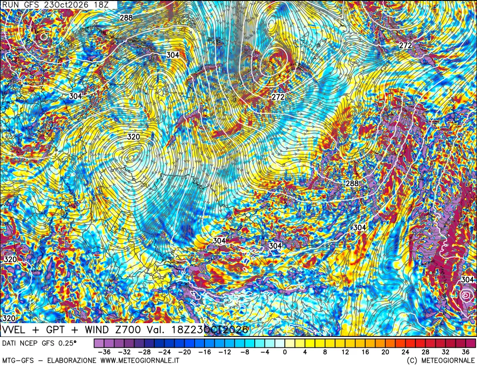mappa 700 hPa Velocità verticiali + GPT + Vento