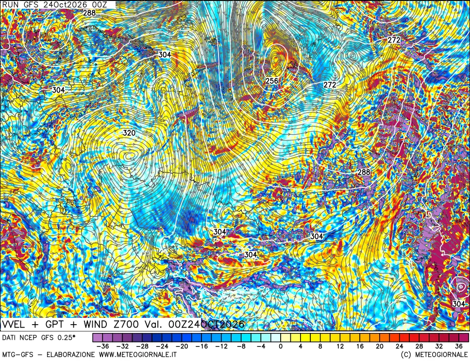 mappa 700 hPa Velocità verticiali + GPT + Vento