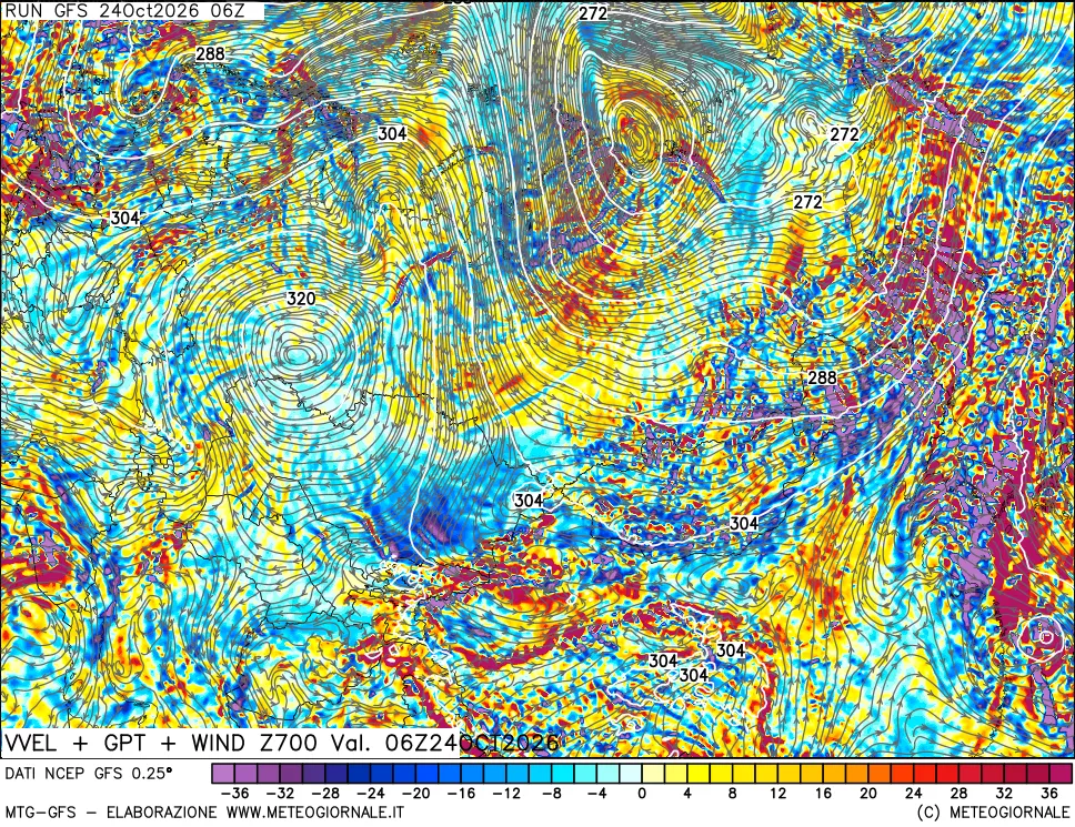 mappa 700 hPa Velocità verticiali + GPT + Vento
