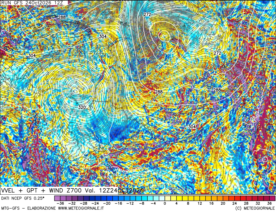 mappa 700 hPa Velocità verticiali + GPT + Vento