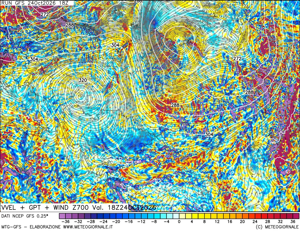 mappa 700 hPa Velocità verticiali + GPT + Vento