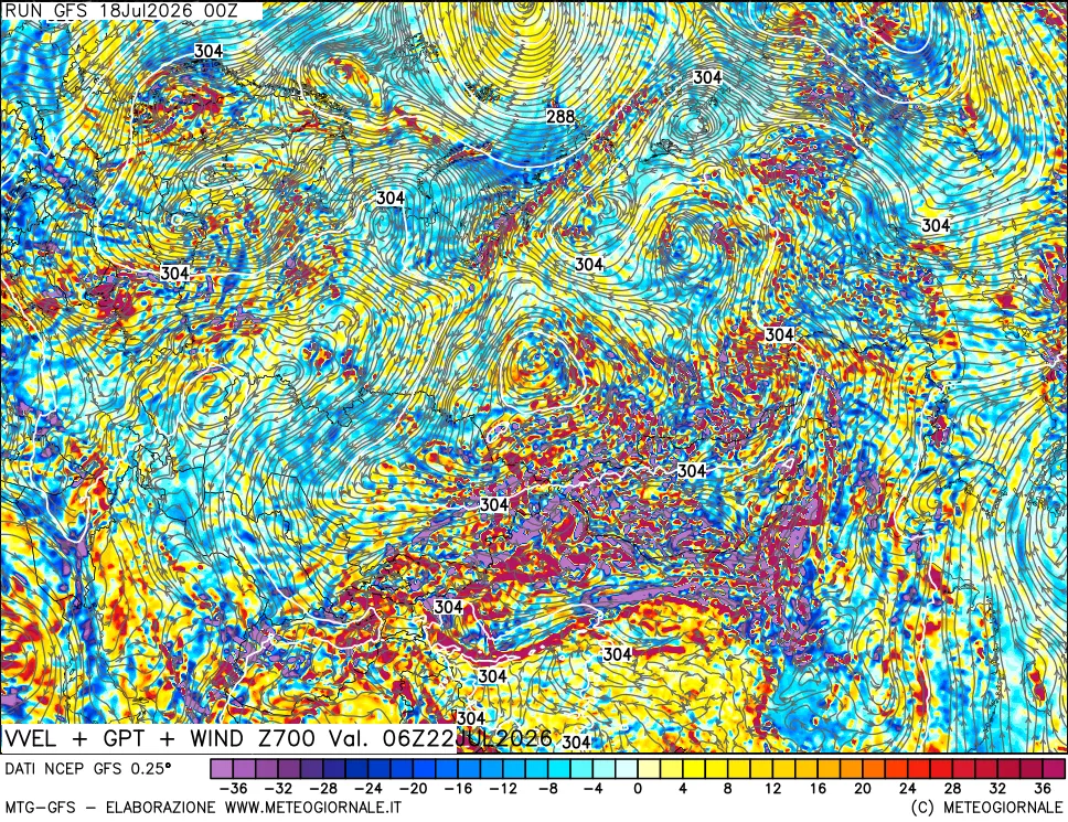 mappa 700 hPa Velocità verticiali + GPT + Vento