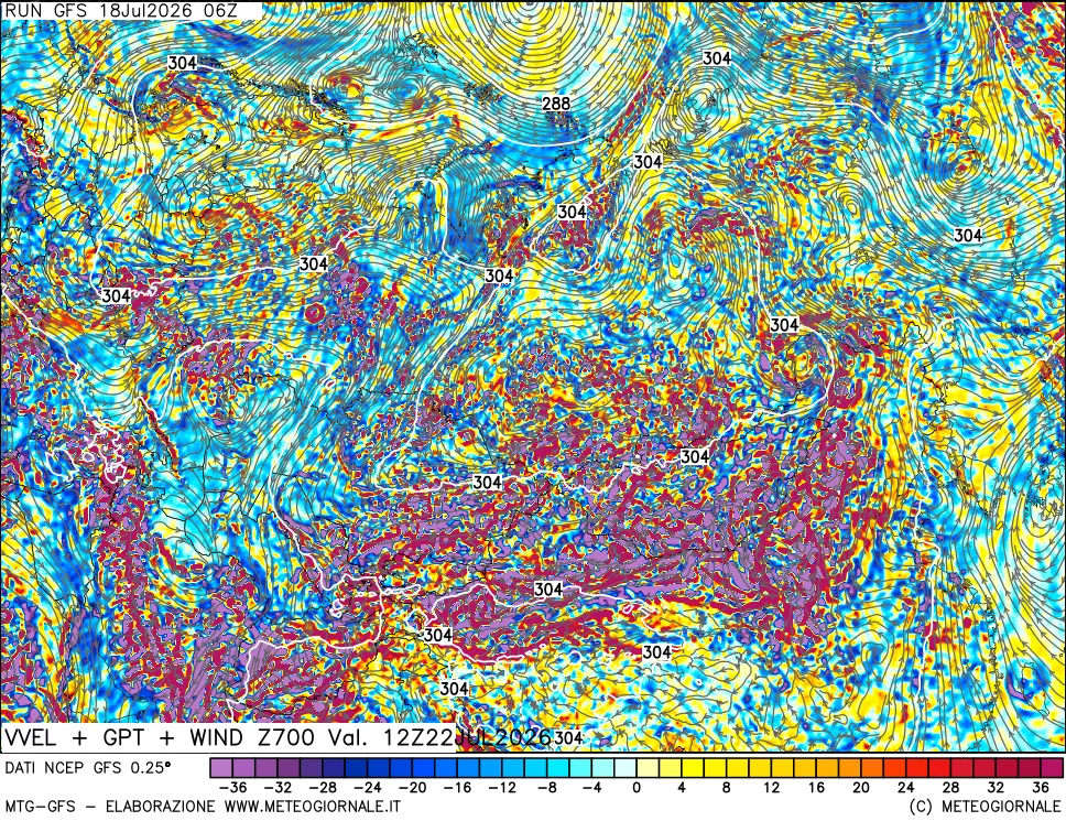 mappa 700 hPa Velocità verticiali + GPT + Vento