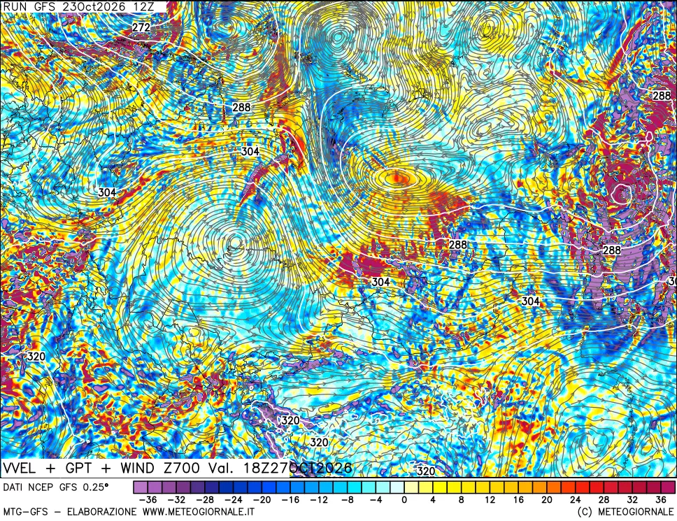 mappa 700 hPa Velocità verticiali + GPT + Vento